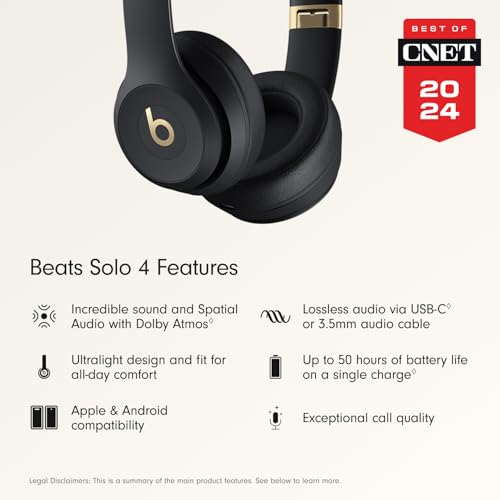 Beats Solo 4 - Wireless Bluetooth On-Ear Headphones, Apple & Android Compatible, Up to 50 Hours of Battery Life - Black & Gold