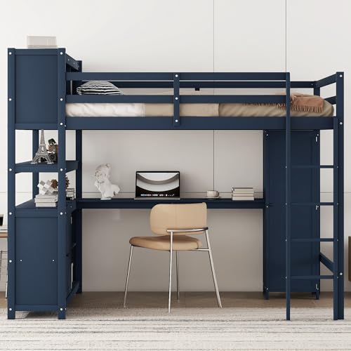 SOFTSEA Full Size Loft Bed with L Shaped Desk, Wood Loft Bed with Wardrobe, Storage Cabinet and Shelves