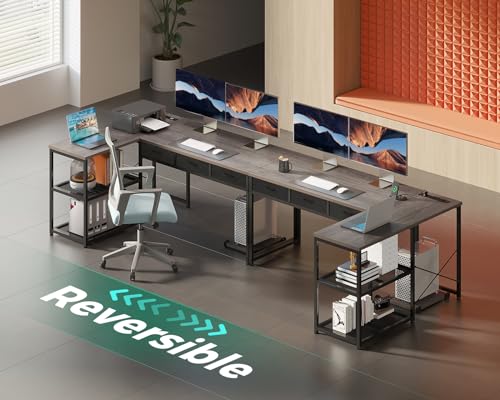 AODK 53 Inch L Shaped Computer Desk with Drawers, Corner Desk with Power Outlets & Reversible Storage Shelves