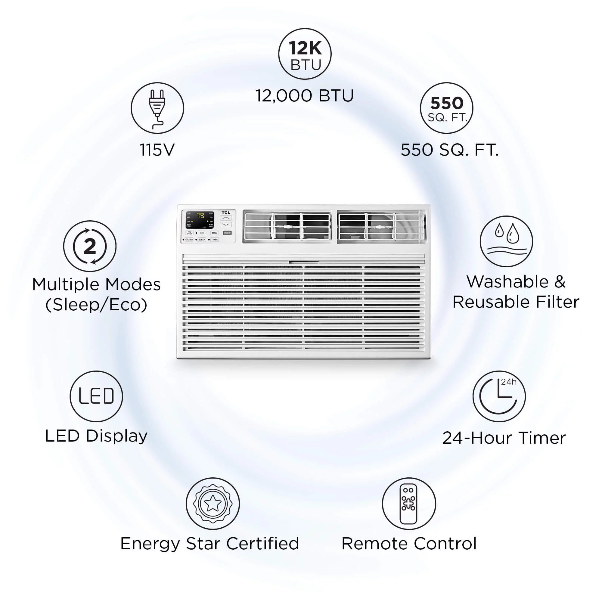 TCL Smart 12,000 BTU Through-the-Wall Air Conditioner, 115V, E-Star, Remote Included, White, W12T9E1-A