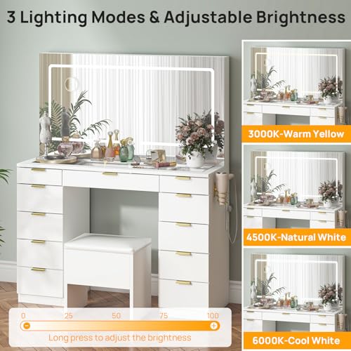 Farmhouse Vanity Desk with Sliding Lighted Mirror & Stool, Vanity Dresser Combo, Large Makeup Vanity with 8 Storage Shelves, 5 Drawers