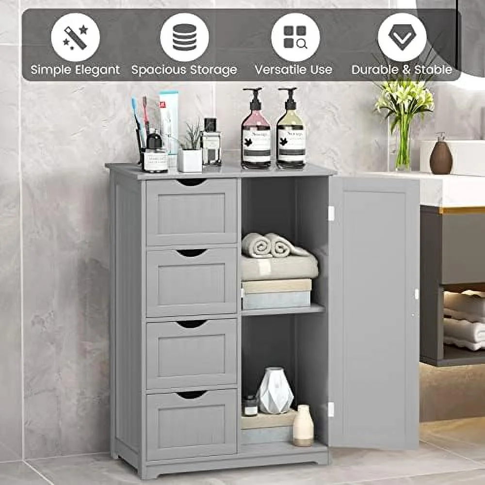 KHBIULIFE Bathroom Floor Cabinet  Side  Organizer Cabinet w/ 1 Cupboard and 4 Drawers  Wooden Free Standing  Cabinet w/Adjustable  in 3 Positions for