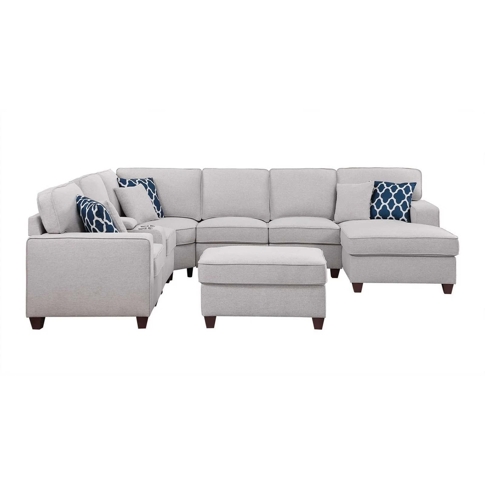 Pemberly Row 8-Piece Fabric Upholstered Sectional w/ Console & Chaise-Light Gray