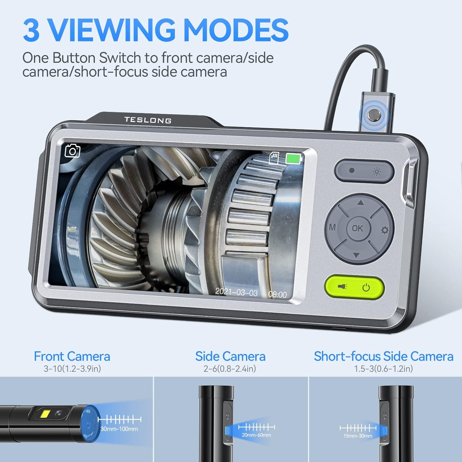 Triple Lens Endoscope, Teslong Borescope Inspection Camera with 5'' Screen, Waterproof Home Snake Scope Camera