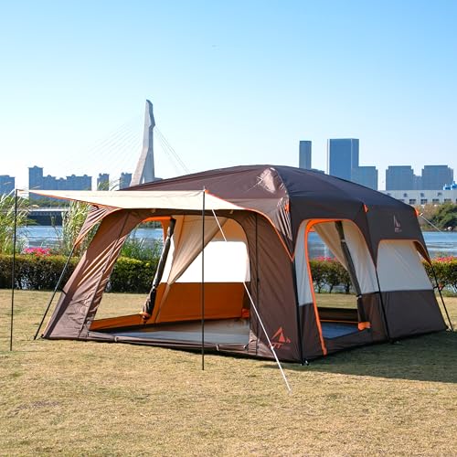 KTT Extra Large Tent 10-12-14 Person(B),Family Cabin Tents,2 Rooms,3 Doors and 3 Windows with Mesh,Straight Wall,Waterproof,Double Layer