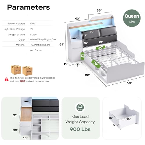Full Platform Bed Frame with Foldable Desk, Daybed with Storage Headboard, Bookcase, 4 Drawers, LED Light & Charging Station, No Box Spring Needed