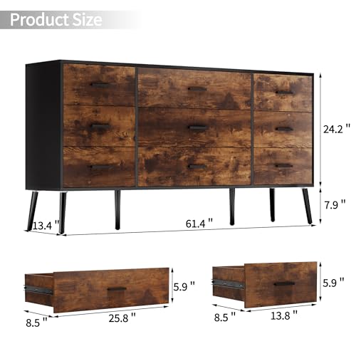 Scurrty 9 Drawer Dresser for Bedroom, White Dresser,Antique Storage Dresser with Wide Drawers, White Handles and Wooden Feet for Bedroom