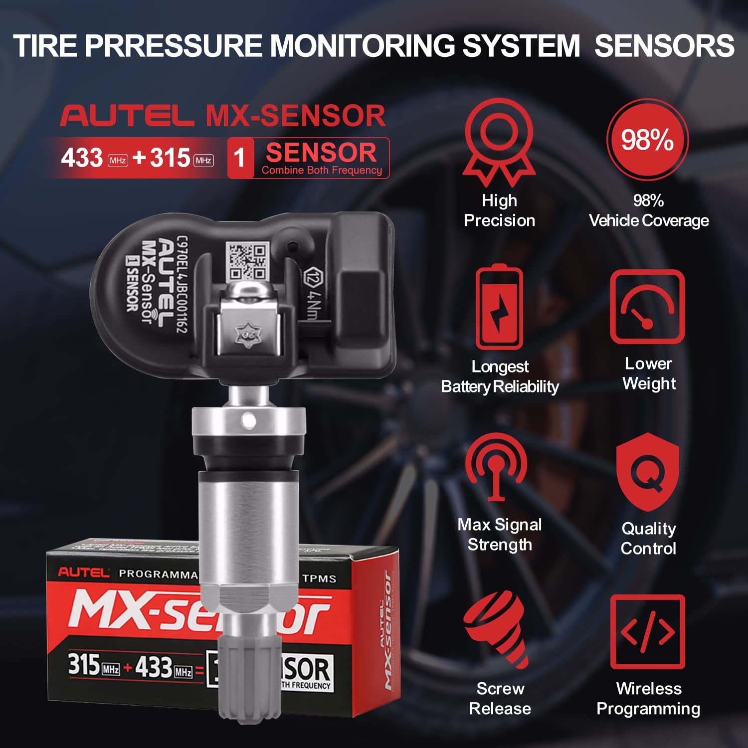 Autel TPMS Sensor MX-Sensor TPS218 315MHz+433MHz 2 in 1 Dual Frequency Replaced OEM Tire Pressure Sensor Universal Programmable Screw-in Sensor Sets
