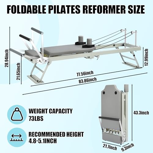 Pilates Reformer Machine for Home Workout, 78" Foldable Pilates Equipment with Dual Resistance& Springs and Cords