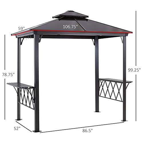 Outsunny 9' x 5' Grill Gazebo, Hardtop BBQ Gazebo Canopy with 2-Tier Polycarbonate Roof, Shelves Serving Tables and Hooks