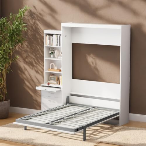 Full Size Murphy Bed Cabinet with Shelf and Drawers, Plywood Hidden Beds,Wall Bedframe for Bedroom,Space-Saving, Noise Free, White