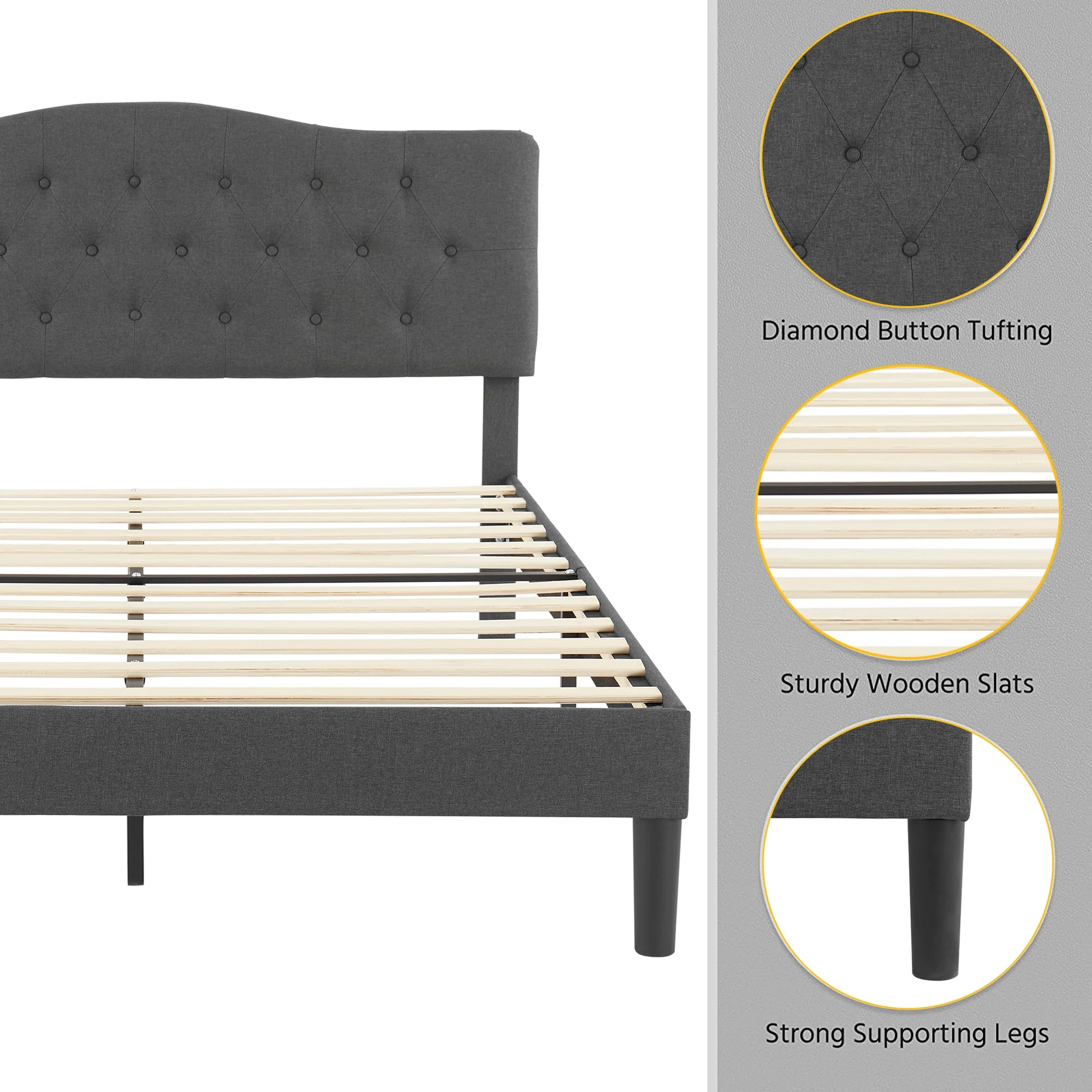 VECELO Queen Bed Frame Upholstered Platform Bed Frame with Diamond Tufted Adjustable Headboard, Wooden Slats Support, No Box Spring Needed, Gray