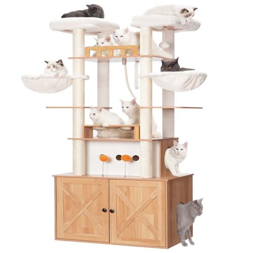 Heybly Cat Tree for Maine Coon with Litter Box Enclosure, 72-inch Wooden Cat Tower for Indoor Cats Large Adult, Big Condo with Food Station, Baskets