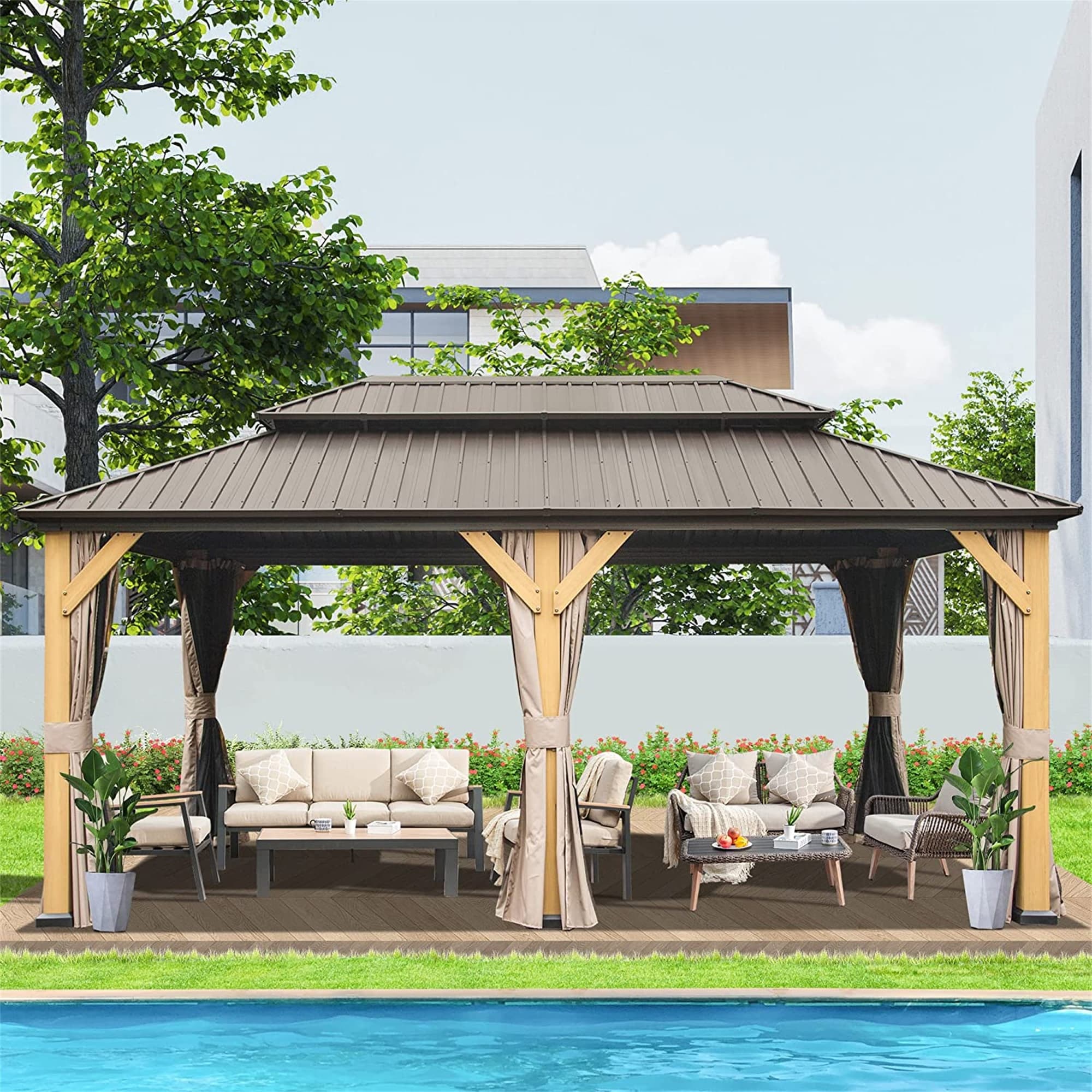 12'x20' Outdoor Permanent Cedar Wood Hardtop Gazebo Canopy with Galvanized Steel Double Roof, Curtains and Netting
