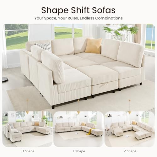 KKL Modular Sectional Sofa Bed with Storage Ottoman, Convertible L/U-Shaped Sleeper Couch for Living Room, Modern Reversible Design, Beige