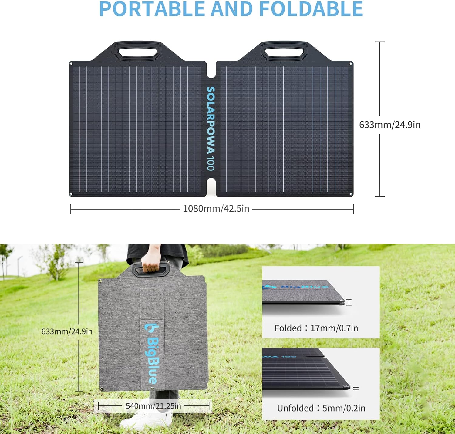 100W ETFE Solar Panel, BigBlue Solarpowa100 Folding Solar Panels(24V/4.16A) with Kickstands for Cellpowa500 Power Station, IP65 Waterproof