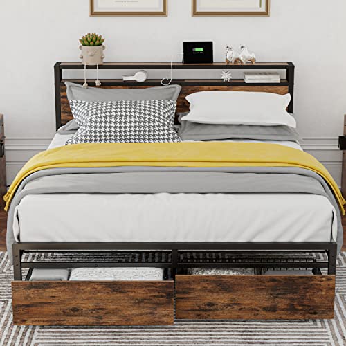 LIKIMIO King Bed Frame with Storage Headboard, Platform Bed with Drawers and Charging Station, No Box Spring Needed, Easy Assembly, Vintage Brown