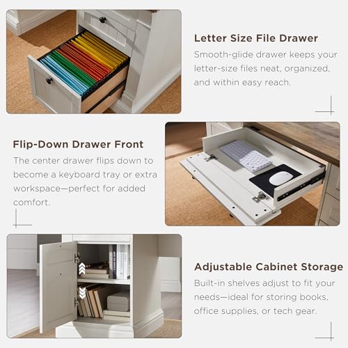 OKD 60" Executive Desk with Drawers, Farmhouse Home Office Desk with Charging Station, Keyboard Tray, File Cabinet Storage