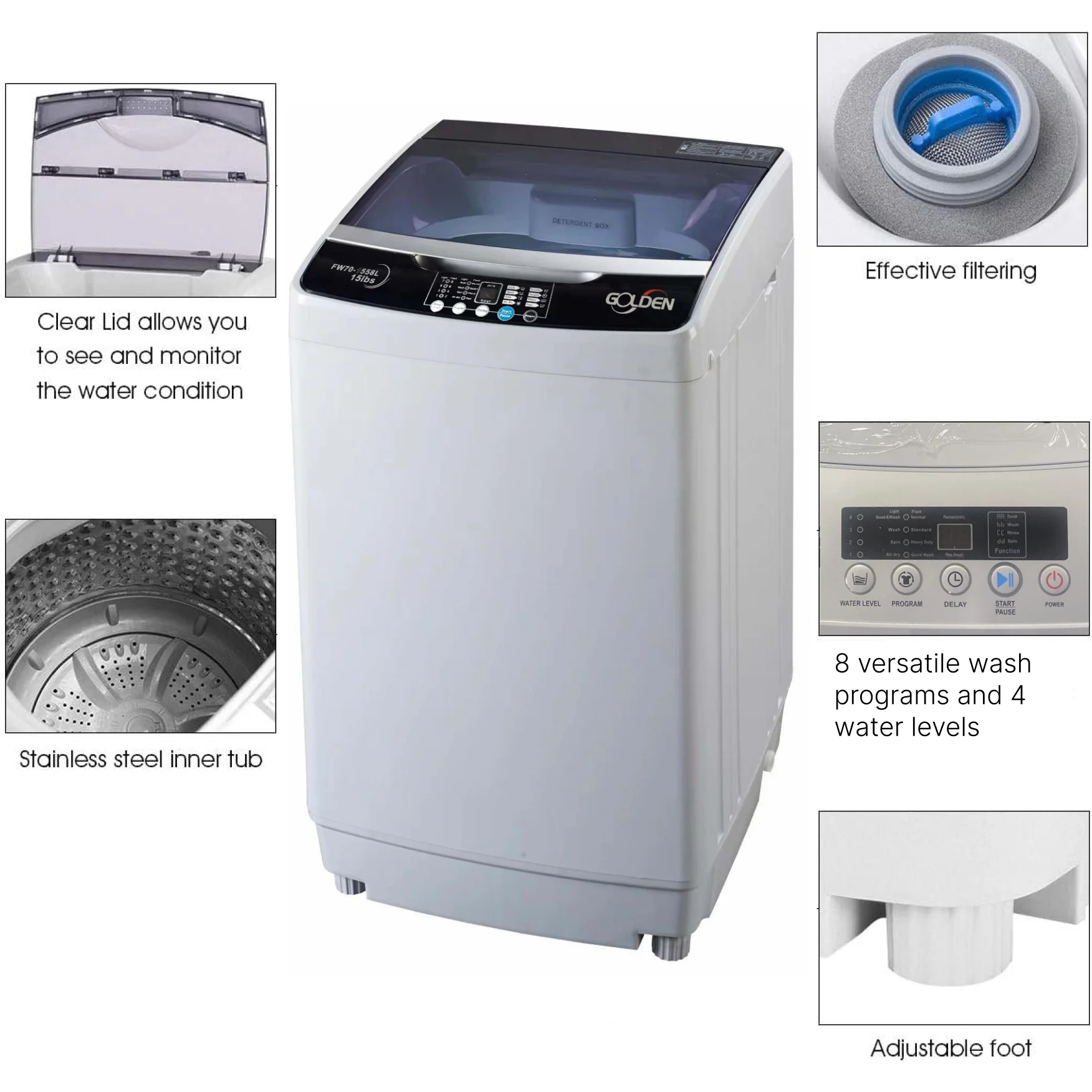 GOLDEN 15.4 LB/1.9 Cu Ft Portable Washer Top load with LED Display and Faucet Adapter, Fully Automatic Washing Machine with Timed Settings