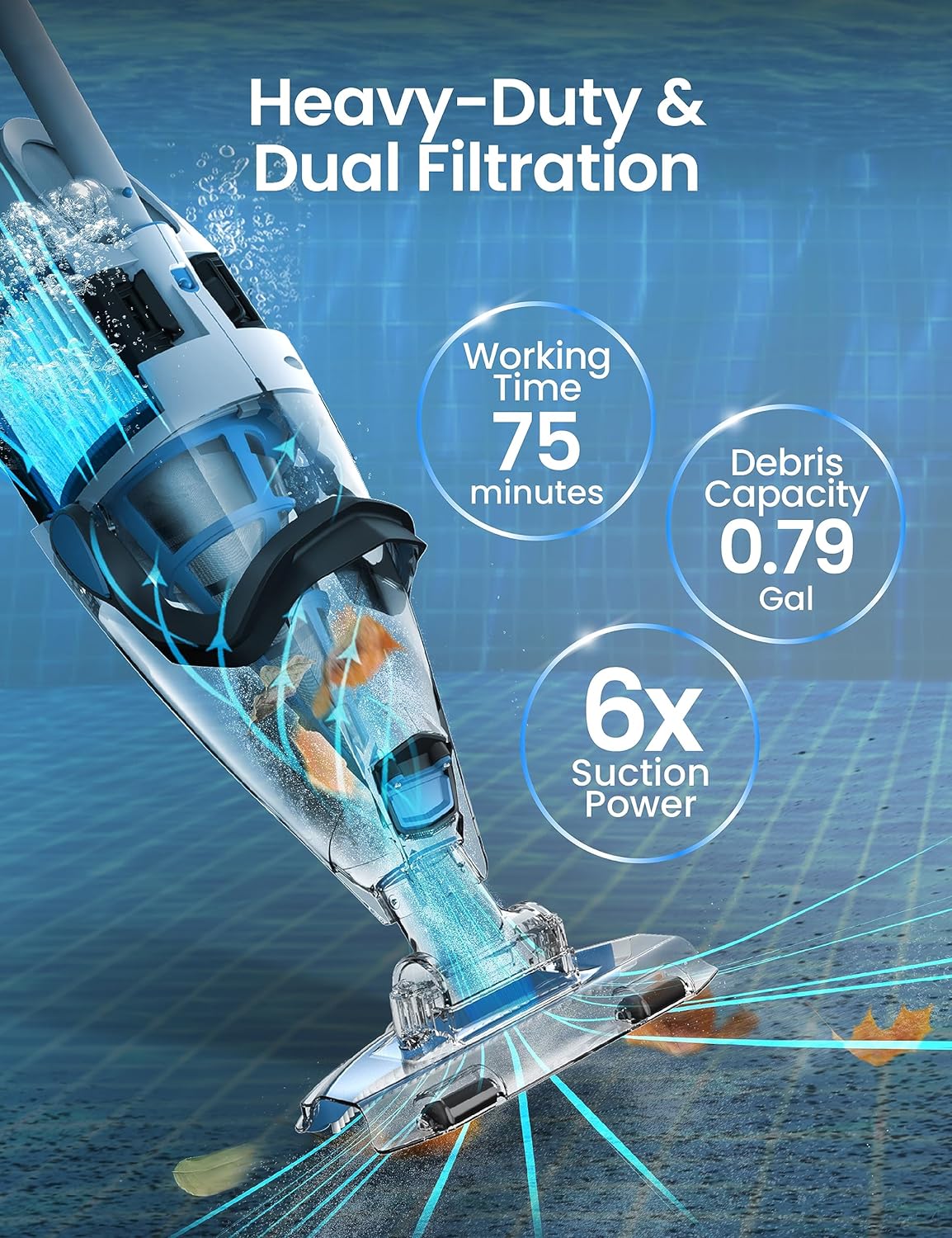 KOKIDO Rechargeable Heavy-Duty Pool Vacuum,6X Suction,Powerful Dual Filtering-Standard and Fine, Commercial Power Whole Pool Fast Cleaning
