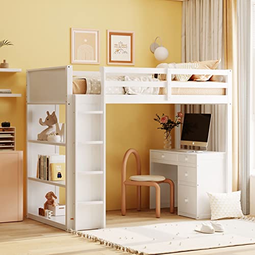 Harper & Bright Designs Full Size Loft Bed with Wardrobe and Desk, Solid Wood Loft Bed Frame with Storage, for Kids Teens Adults (Full Size, White)