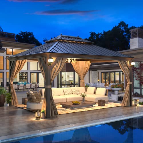 EROMMY 12'x20' Hardtop Gazebo Double Roof Galvanized Steel Canopy Outdoor Aluminum Frame Permanent Metal Pavilion with Netting and Curtains for Patio