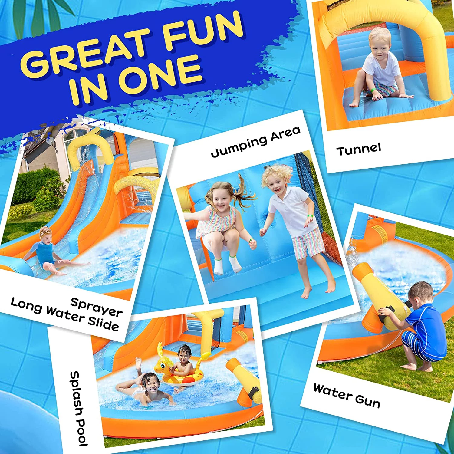 JOYMOR 5-in-1 Inflatable Water Slide Park, Water Bounce House w/Air Blower, Climbing Wall, Double Jump Area , Splash Pool, Water Cannon