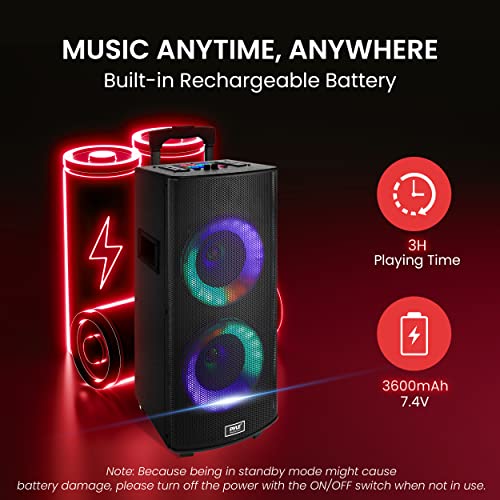 Pyle Portable Bluetooth PA Speaker System - 700W Dual 8” Rechargeable Speaker, TWS, Party Light, LED Display, FM/AUX/MP3/USB/SD, Wheels, Wireless Mic