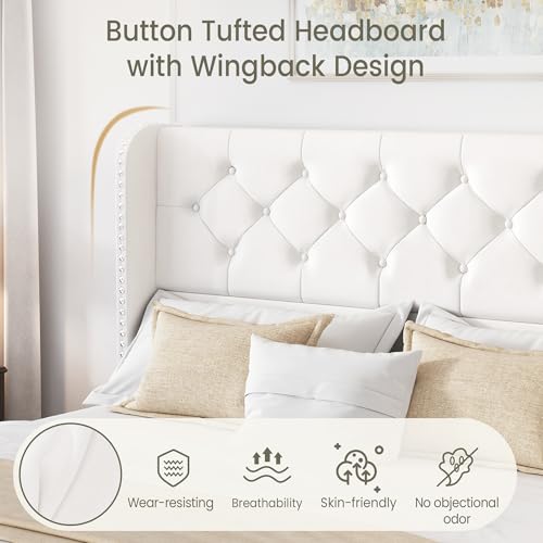 King Size Bed Frame with 4 Storage Drawers and Tufted Headboard Linen Upholstered Platform Bed Frame Wingback Beds with Wooden Slats Support