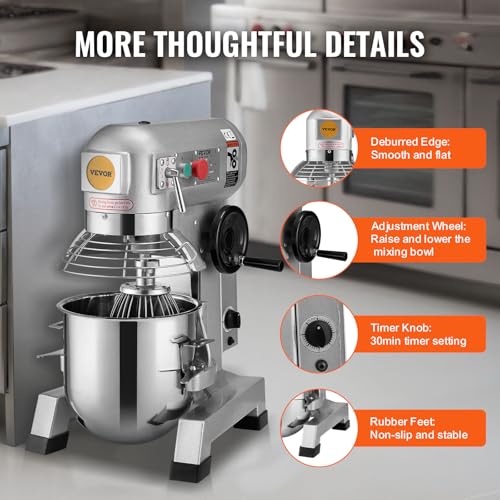 VEVOR Commercial Mixer, Commercial Food Mixer 10Qt Stainless Steel Bowl, 450W Commercial Stand Mixer with 3 Speeds Adjustable