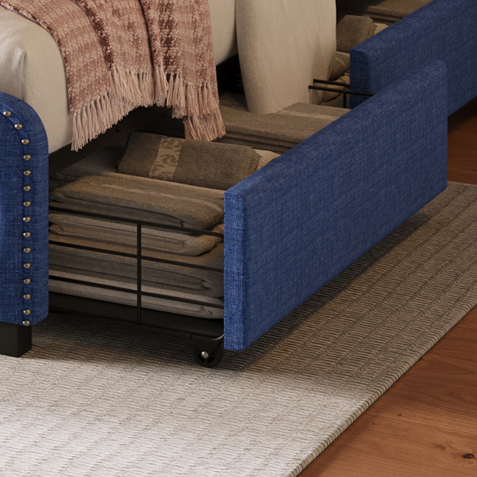 Upholstered Platform Bed Frame with Four Drawers, Button Tufted Headboard and Footboard Sturdy Metal Support, No Box Spring Required, Blue