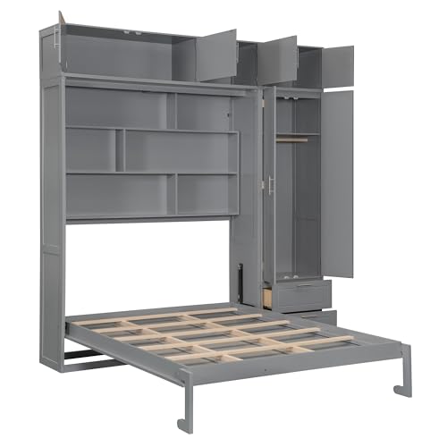 Merax Queen Size Murphy Bed with Top Cabinet, Shelves and Wardrobe, Fold into The Wall, Multifunctional Foldable Platform Bed Frame for Bedroom