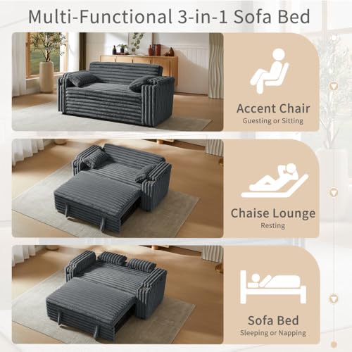 68.11" Corduroy Sleeper Chair Bed with USB Port, Cup Holders & Side Storage Pockets – 3-in-1 Foldable Sofa Bed for Guest Room, Living Room – White