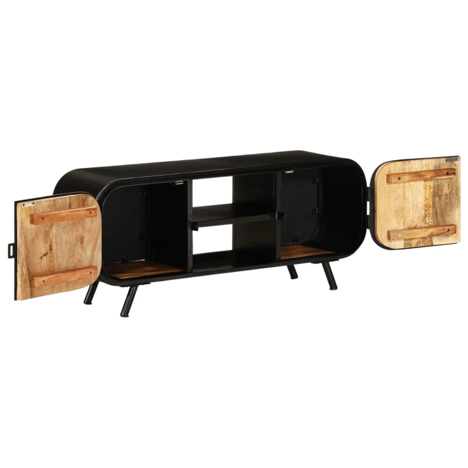 Anself TV Stand with 2 Compartments and 2 Storage Shelves Rough Mango Wood Television Cabinet Sofa End Side Table Iron Legs for Living Room Home