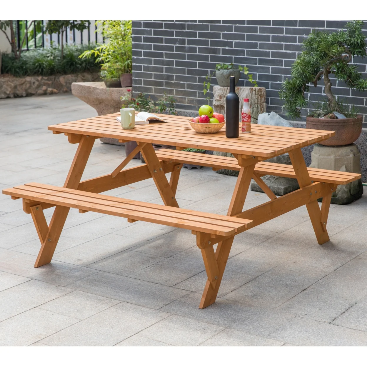 Outdoor Wooden Patio Deck Garden 6-Person Picnic Table, for Backyard, Garden