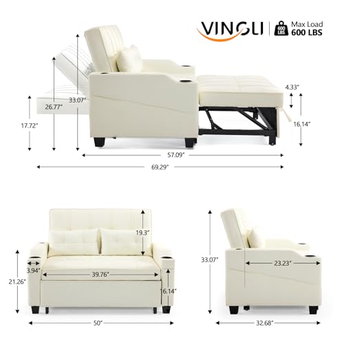 VINGLI Light Green Futon Sofa Bed Convertible Loveseat Sleeper Couch, Faux Leather Pullout Sofa Fold Out Couch Bed with USB Ports, Cup Holders