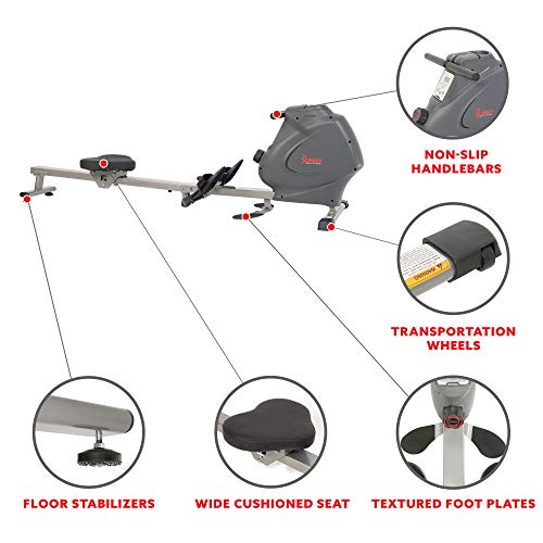 Sunny Health & Fitness Multi-Function Premium Magnetic Rowing Machine, Bicep Curls, Upward Rows, Seated Rows, Foldable Slide Rails, Digital Monitor