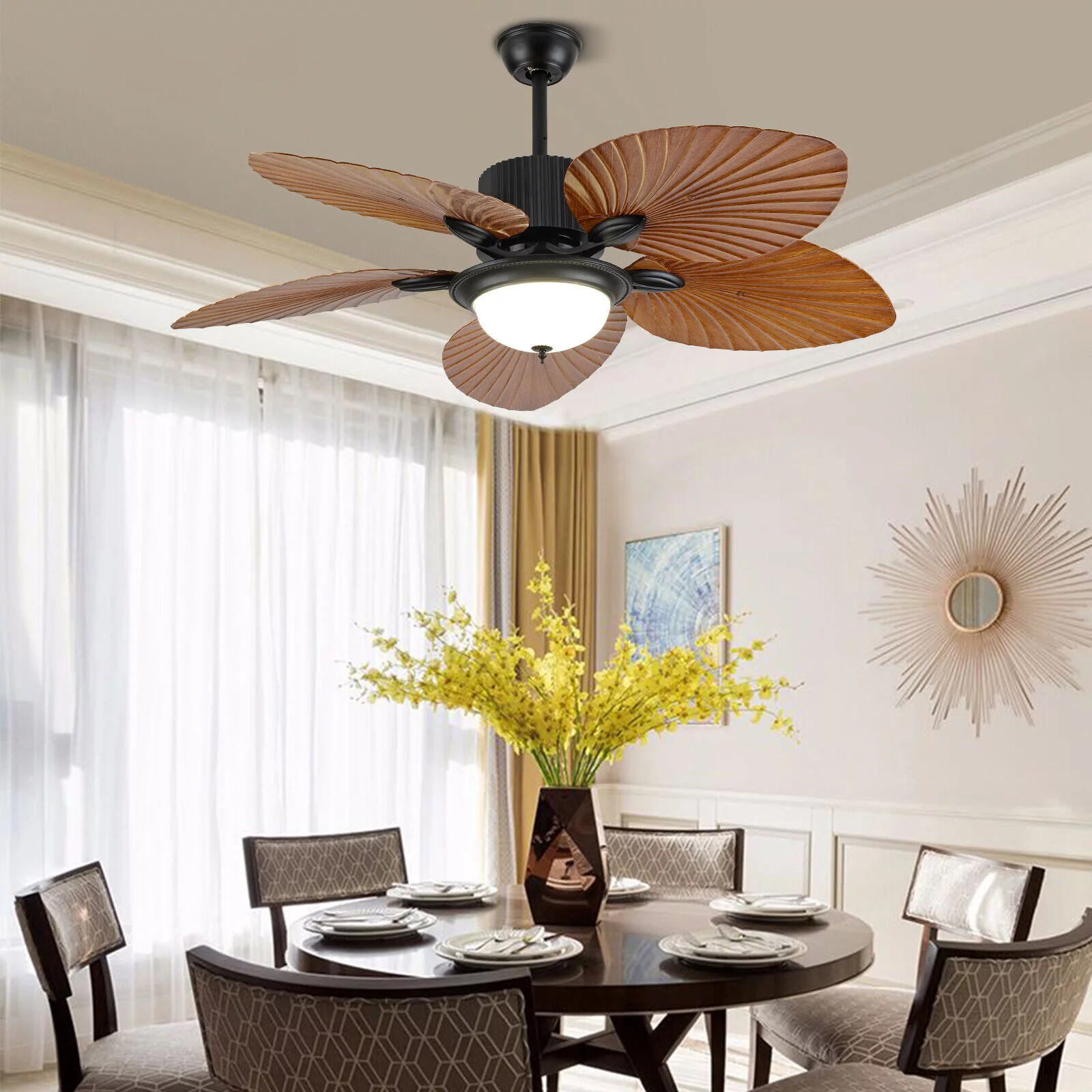 Miumaeov 52inch Tropical Palm Ceiling Fan with Light and Remote 5 Acrylic Palm Leaf Blades Tropical Ceiling Fan for Living Room Kitchen Bedroom