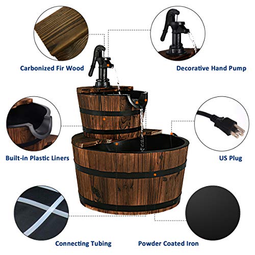 Giantex 2-Tier Barrel Waterfall Fountain Outdoor, Rustic Wood Barrel Cascading Water Fountain with Electric Pump