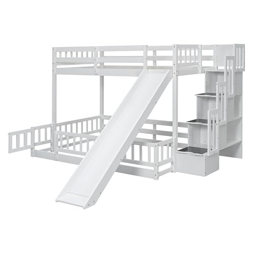 Full-Over-Full Castle Style Bunk Bed with 2 Drawers and 3 Shelves, Wood Bunk Bed Frame with Slide and Storage Staircase for Kids Teens Boys Girls