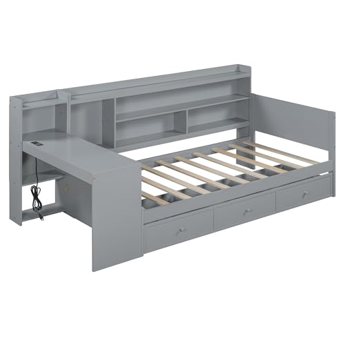 Bellemave Twin Corner Bed Frame with Storage Shelves and Desk, Wood Twin Size Daybed with Bookcase and Drawers and Storage, Gray