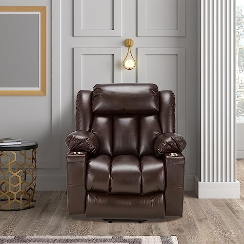 Large Power Lift Recliner Chair Genuine Leather for Elderly with Massage and Heating Function, Lazy Boy Convertible Chair with Cup Holders, USB Ports