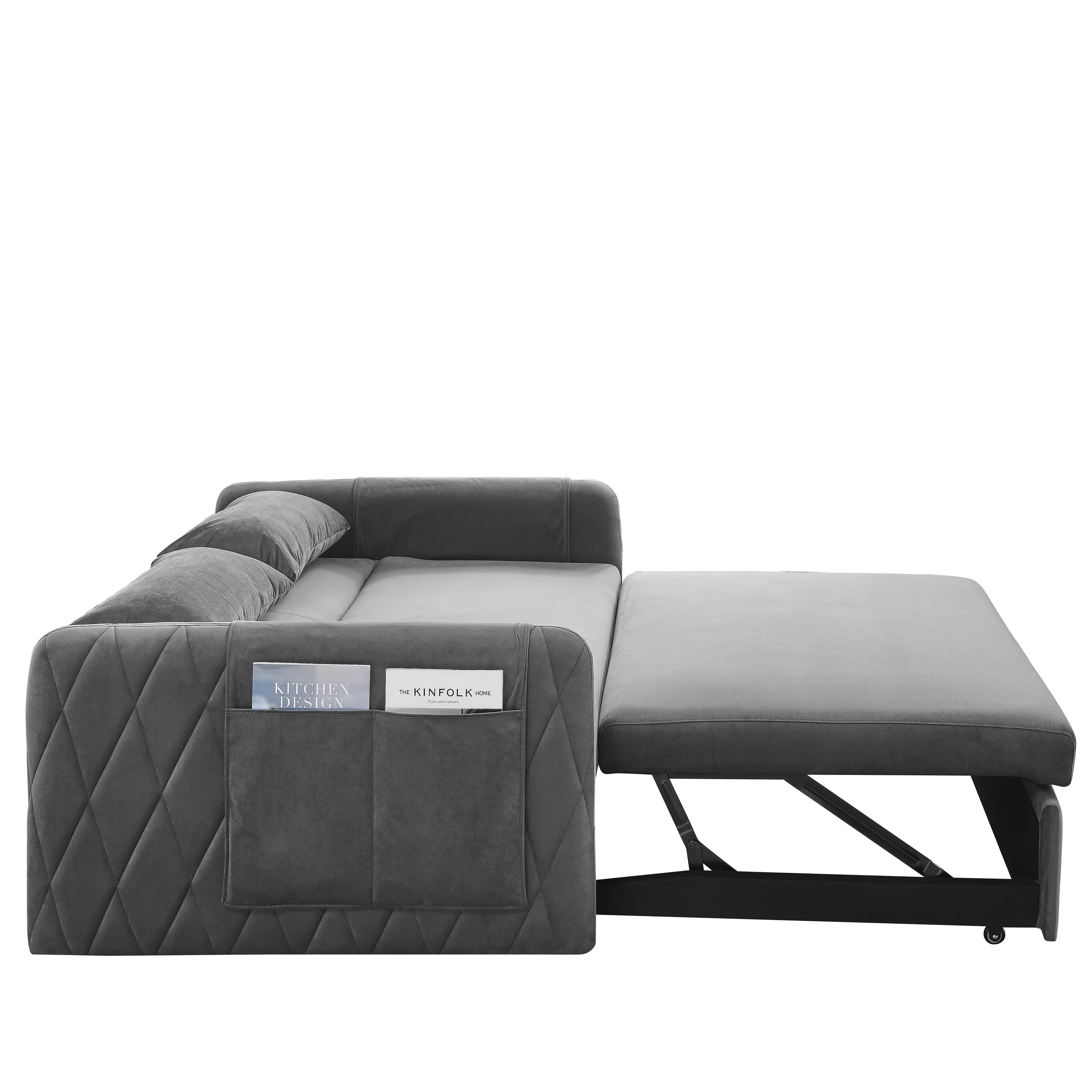 Modern Velvet Convertible Pull Out Sleeper Sofa Bed, Folding Loveseat Couch with Side Storage Pockets Pillows for Living Room Bedroom Apartment