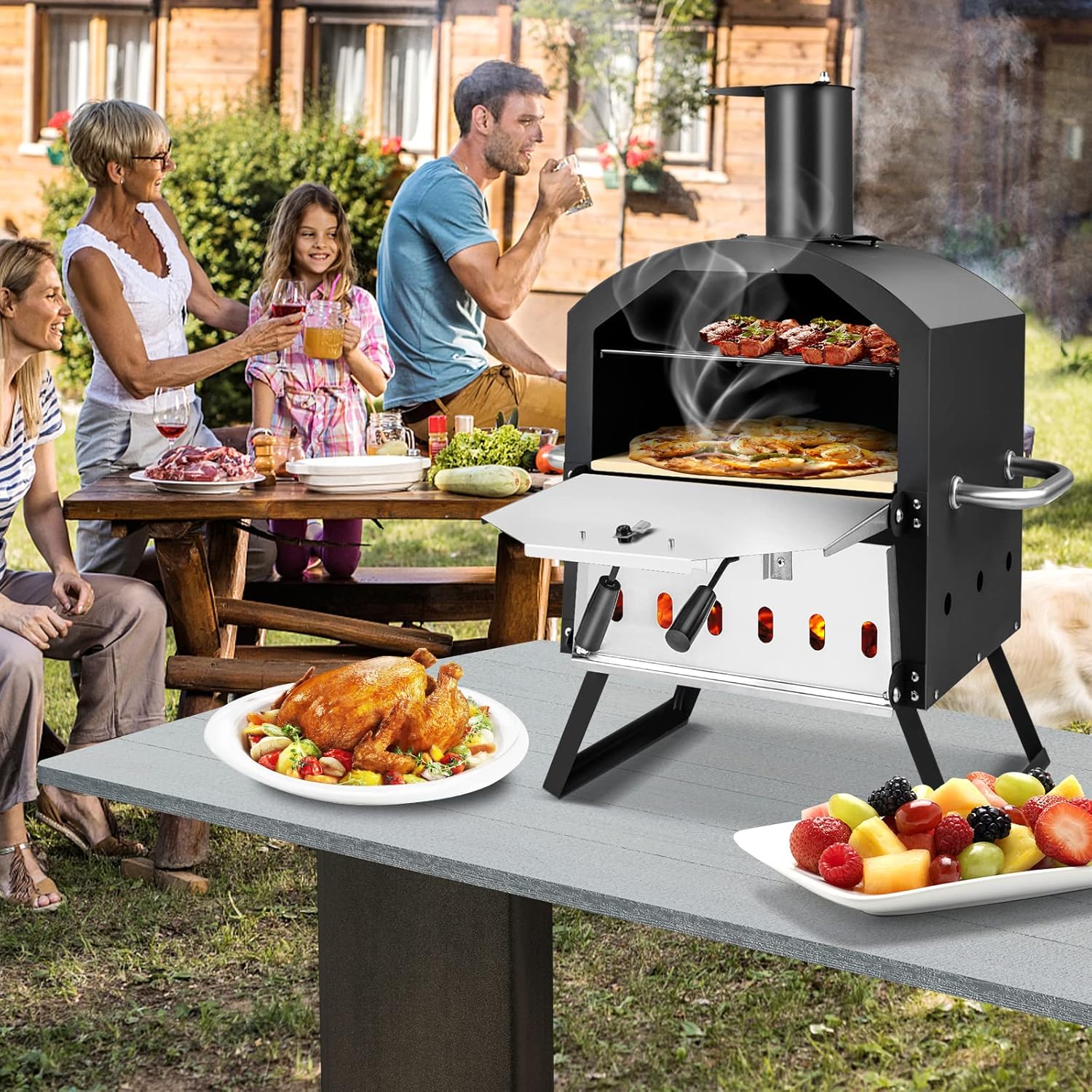Giantex Outdoor Pizza Oven Wood Fired, 2-Layer Pizza Maker with Pizza Stone, Pizza Peel, Removable Cooking Rack, Waterproof Cover, Folding Legs
