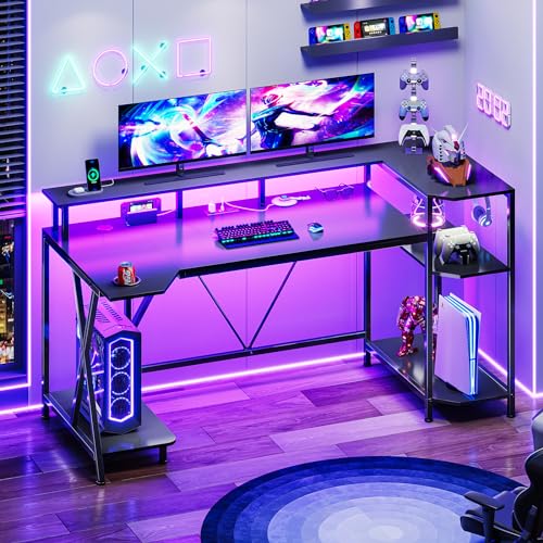 SEDETA Gaming Desk 70.8'' with LED Lights and Storage Shelves, Computer Desk with Monitor Stand, Power Outlets and Cup Holder, Large PC Gamer Desk