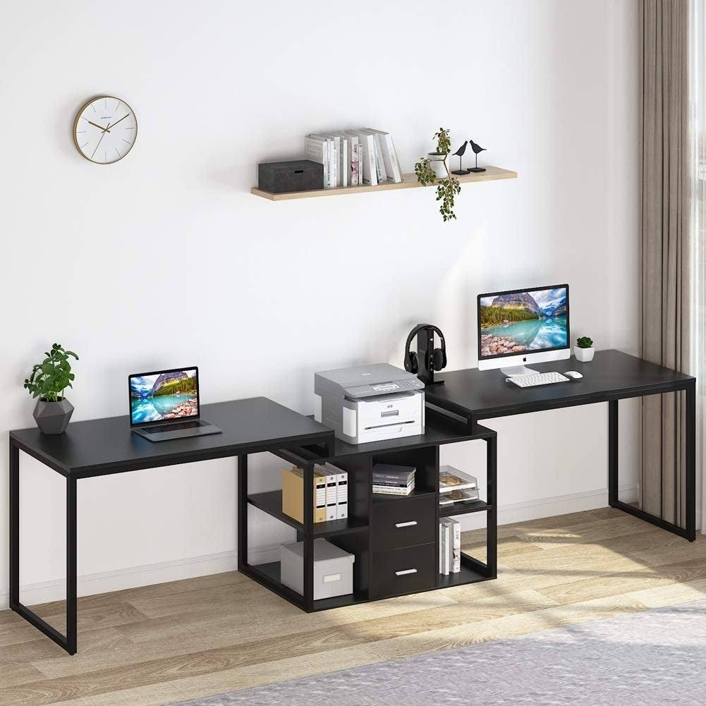 114 inch Double Computer Desk Two Person Office Desk with File Cabinet - Black