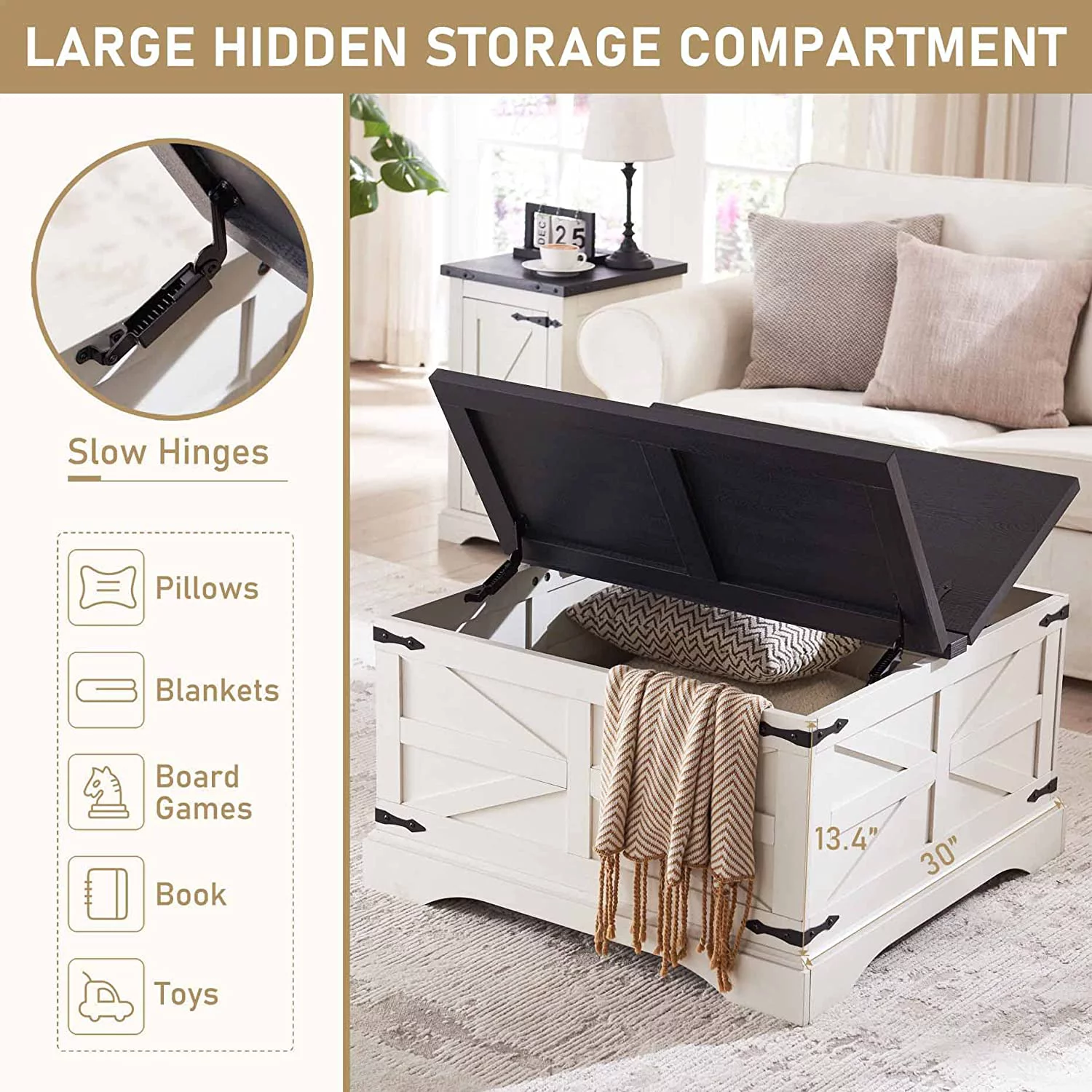 T4TREAM Farmhouse Wood Square Lift-Top Coffee Table with Storage for Living Room, White - Radiant Selections