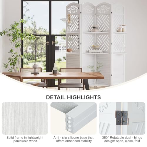 Room Divider with Shelves, 5.75ft Tall Folding Wood Carved Screen with Double Hinges for Home Office Bedroom Hotel Decoration (6 Panels, Natural)