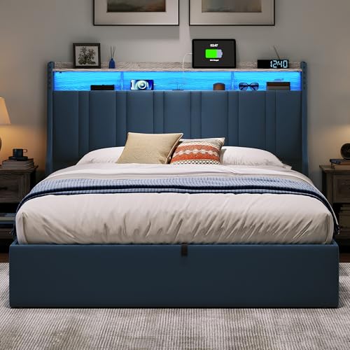 LINSY Lift Up Storage Bed Queen Bed Frame with Storage, Upholstered Bed Frames with Headboard