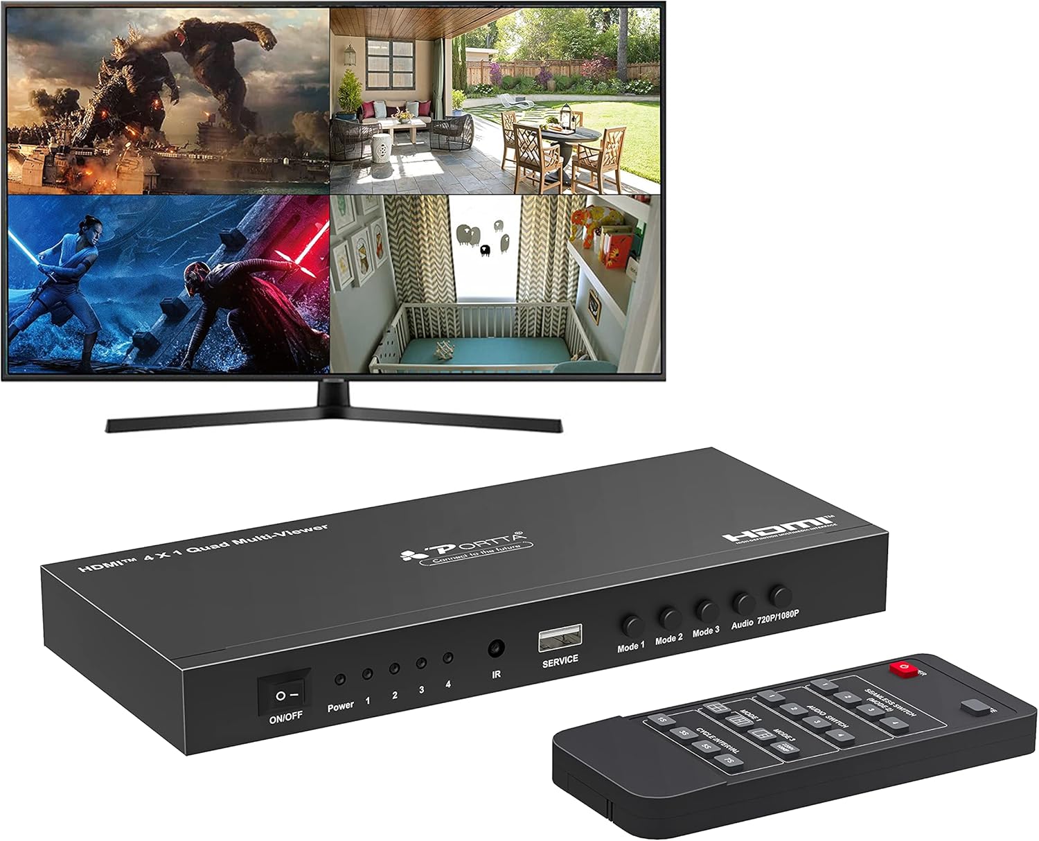 HDMI Multiviewer Switch 4x1,PORTTA HDMI Quad Multi-Viewer Seamless Switcher 4 in 1 Out with Loop, Audio Extractor to Stereo,4K